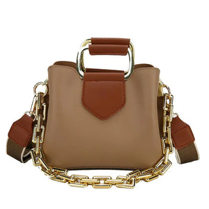 Beige and brown handbag with gold chain strap and rectangular handles