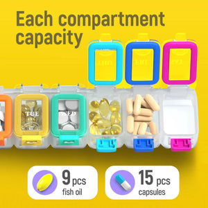 Colorful weekly pill organizer with open compartments and various pills on a yellow background