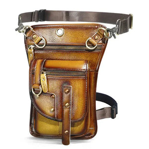 Brown leather utility belt bag with multiple zippered pockets and adjustable straps