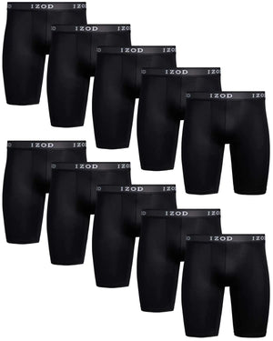 IZOD Men's 10-Pack Performance Boxer Briefs - Long Leg Moisture Wicking Stretch Underwear (S-XL) Black Rberyl