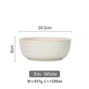 White ceramic bowl, 8 inches wide, 8cm tall, 1500ml capacity, minimalist design.