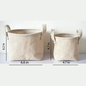 Two beige woven storage baskets with handles, labeled sizes 6.6x6.2 in and 4.7x4.7 in