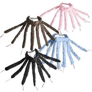 Four soft heatless curling headbands in black, brown, pink, and blue, arranged on white background.