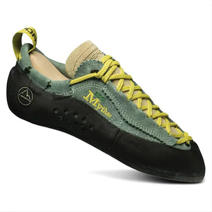 Green and black climbing shoe with yellow laces and Mythos embroidery on side