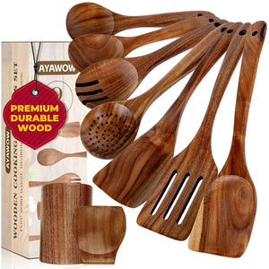 Teak Wood Essential Cooking Tools Set with Holder (9 Pcs) Rberyl