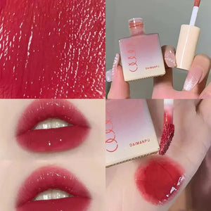 Red glossy liquid lipstick, close-up swatches, applicator, and lips wearing lipstick.