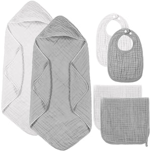SnugglySoft 6-Piece Baby Bath Set - Muslin Hooded Towels, Washcloths & Bibs Rberyl