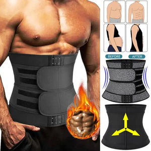 Men’s waist trainer belt for slimming, muscle toning, and body shaping, before and after results.