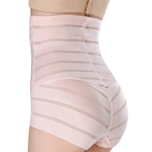 High-waisted shaping underwear in nude with sheer striped panels, side view