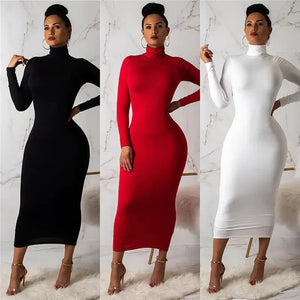 Woman modeling black, red, and white long sleeve bodycon turtleneck midi dresses