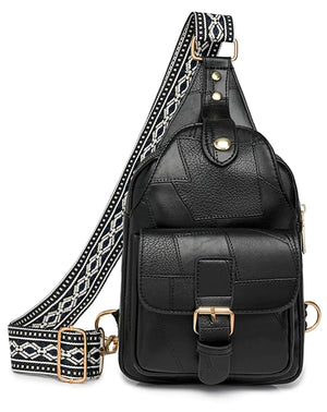 Women's Small Leather Crossbody Sling Bag with Guitar Strap - Black Rberyl
