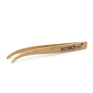 Bamboo tweezers with pointed tips on white background, NOMOY PET logo visible