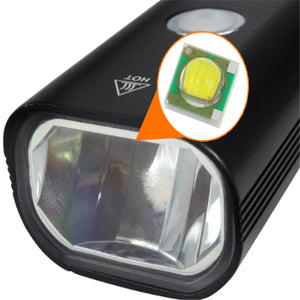Black LED flashlight close-up with lens detail and LED chip inset