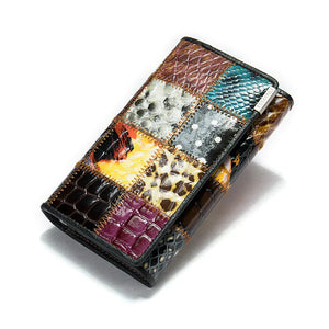 Colorful patchwork leather wallet with textured animal print and geometric patterns