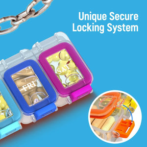 Colorful weekly pill organizer with secure locking system labeled Friday and Saturday