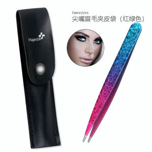 Ombre eyebrow tweezers with black leather case and close-up of makeup look
