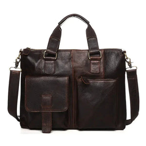 Dark brown leather shoulder bag with dual handles and front pockets, stylish and functional