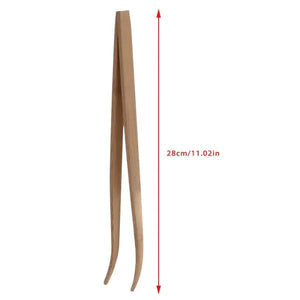 Long bamboo kitchen tongs, 28cm length, natural wood cooking utensil on white background