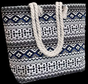 Patterned tote bag with blue, black, and white geometric design and thick rope handles