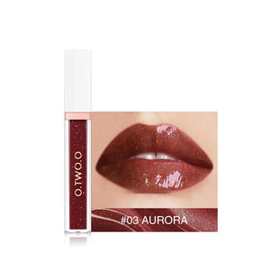 Shimmery brown lip gloss tube with close-up of glossy lips, shade 03 Aurora