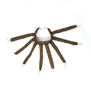 Brown padded hair curling rod with six flexible arms and white ties, on white background