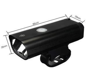 Black LED bike front light with handlebar mount and dimensions, 96mm by 39mm by 26mm.