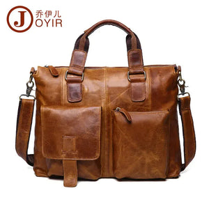 Brown leather messenger bag with front pockets and detachable shoulder strap