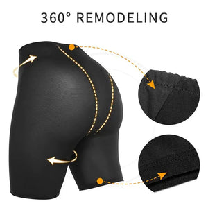 Black high-waisted body shaping shorts with 360° slimming effect and fabric close-ups