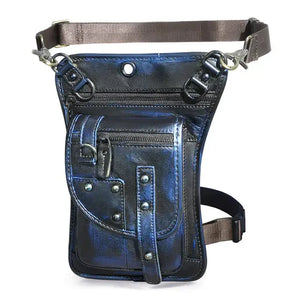Black and blue leather utility belt bag with front zipper pockets and adjustable straps
