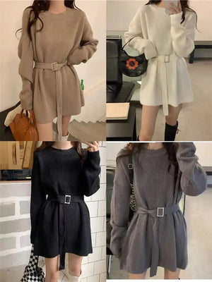 Women modeling long sleeve belted knit sweater dresses in beige, white, black, and gray.