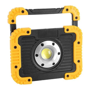Portable LED work light with rugged black and yellow design and handle
