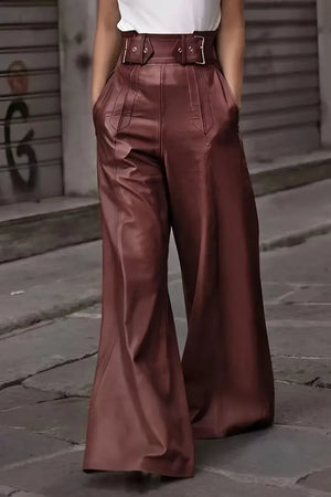 High waisted brown wide leg faux leather pants with belt, street style fashion