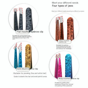 Four types of eyebrow tweezers in marble colors, showing flat, oblique, knife, and sharp mouths.