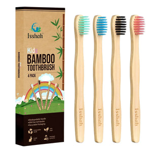Kids bamboo toothbrush 4-pack with colorful soft bristles and eco-friendly packaging.