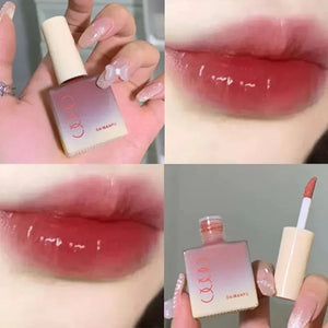 Close-up of ombre gradient lip tint applied on lips with bottle and applicator