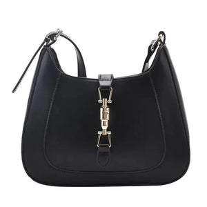 Black leather shoulder bag with gold buckle detail and adjustable strap