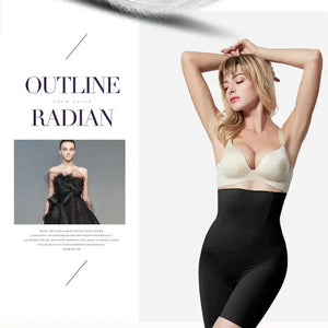Woman modeling high-waisted black shaping shorts and beige bra for fashion and lingerie.