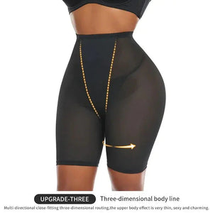 High-waisted black body shaping shorts with contouring lines, worn by a woman.