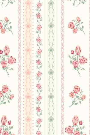 Vintage floral wallpaper pattern with pink and green roses and tulips on cream background