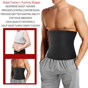 Man wearing a black neoprene waist trainer tummy shaper, showing body shaping results