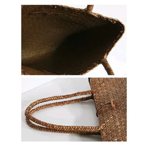 Close-up of a woven straw tote bag with braided handles, eco-friendly fashion accessory