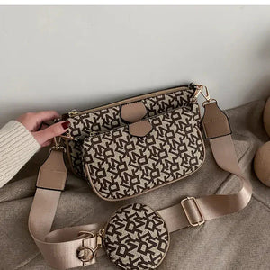 Beige and brown patterned crossbody bag set with wide adjustable strap and coin pouch