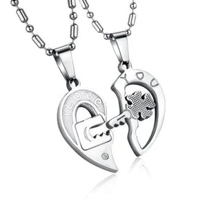 Silver heart-shaped couple necklaces with lock and key pendant design