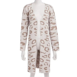 Beige open-front long cardigan with light brown leopard print on mannequin