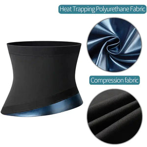 Black waist trainer belt with heat trapping polyurethane and compression fabric details.