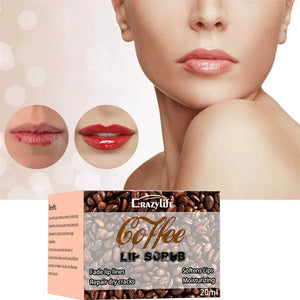 Coffee lip scrub packaging with before and after lip close-ups showing moisturized, soft lips