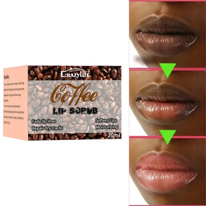 Coffee lip scrub box with before and after images showing moisturized, smoother lips