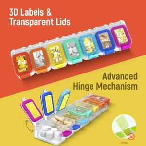 Weekly pill organizer with colorful 3D labeled transparent lids and advanced hinge system