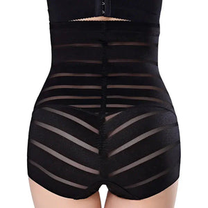 High waist black mesh shapewear shorts with sheer stripes, back view