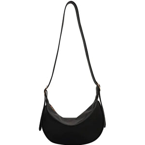 Black hobo shoulder bag with long strap, minimalist curved design, fashion accessory